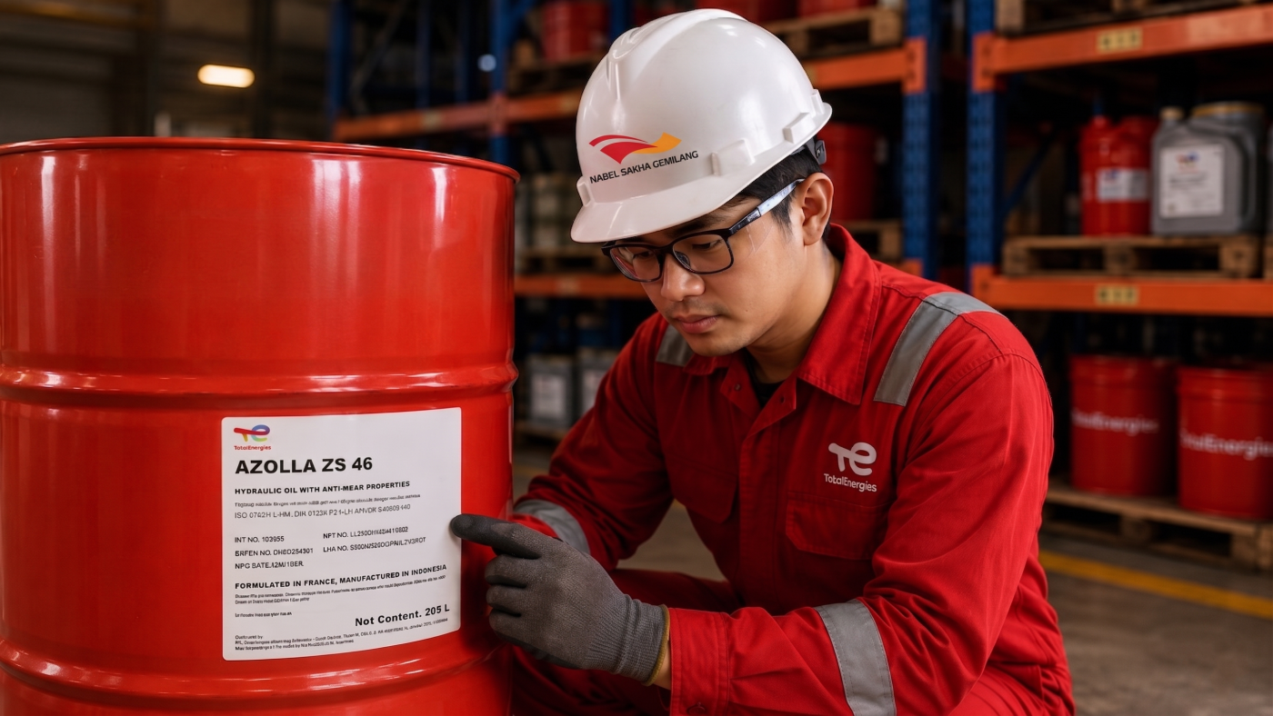 Maintenance engineer membaca label spesifikasi pelumas industri di pabrik