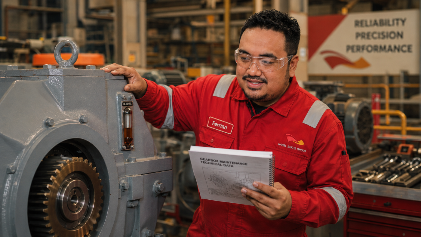 Maintenance engineer memeriksa gearbox industri dan memilih pelumas yang tepat di pabrik