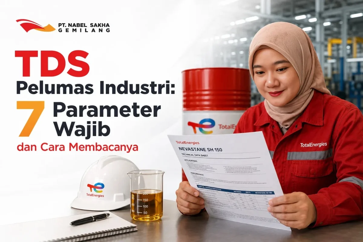 Engineer membaca TDS pelumas industri sebelum menentukan pembelian oli mesin
